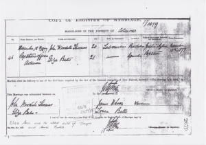 1.4 New Zealand Marriage Certificate John Woodill THOMAS and Elizabeth Ann BATES